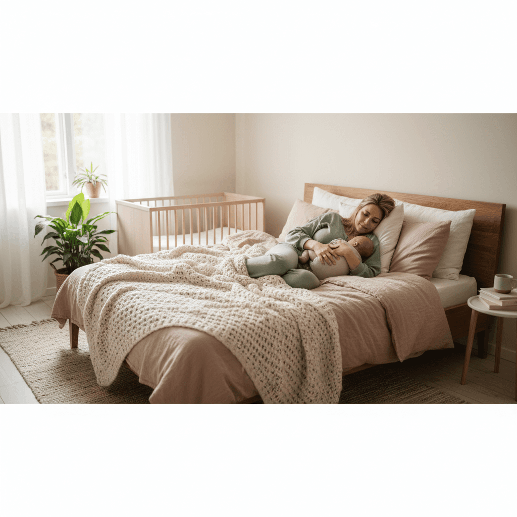 Nybakt mamma som hviler med baby i armene i et lyst skandinavisk soverom
