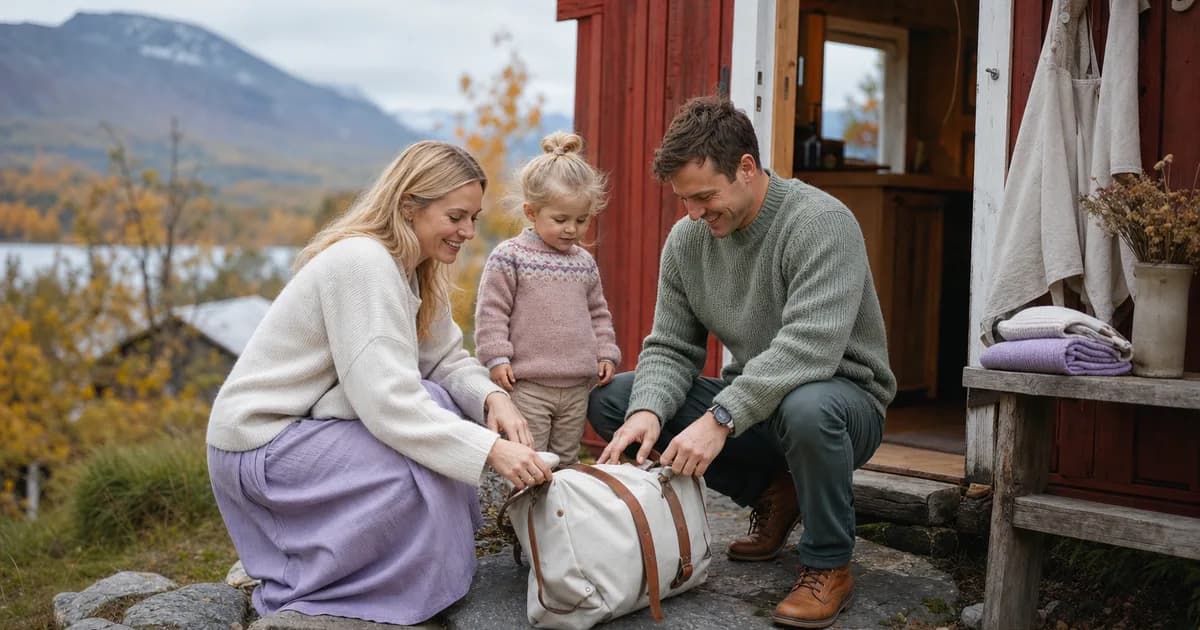 Familie med småbarn på hyttetur i norsk høstlandskap