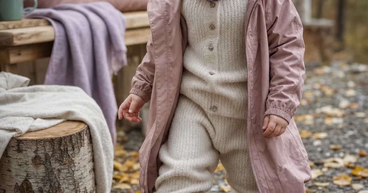 Småbarn i ullundertøy og regndress på en våt høstdag
