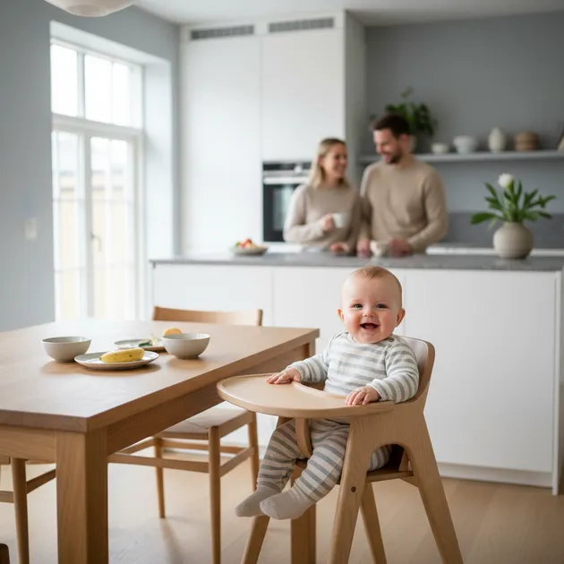 Baby sitter i høystol ved kjøkkenbordet og spiser med familien