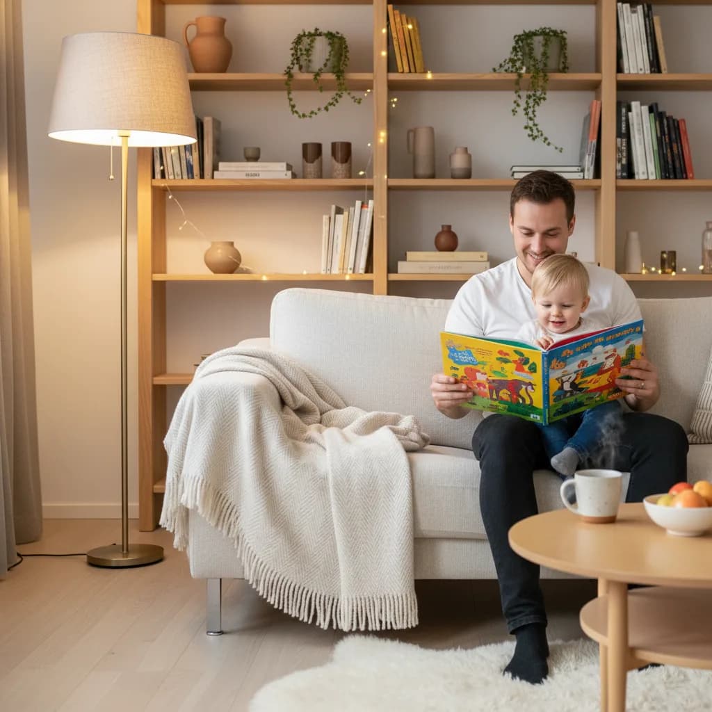 Forelder som leser en fargerik bildebok for et smilende småbarn i en koselig sofa