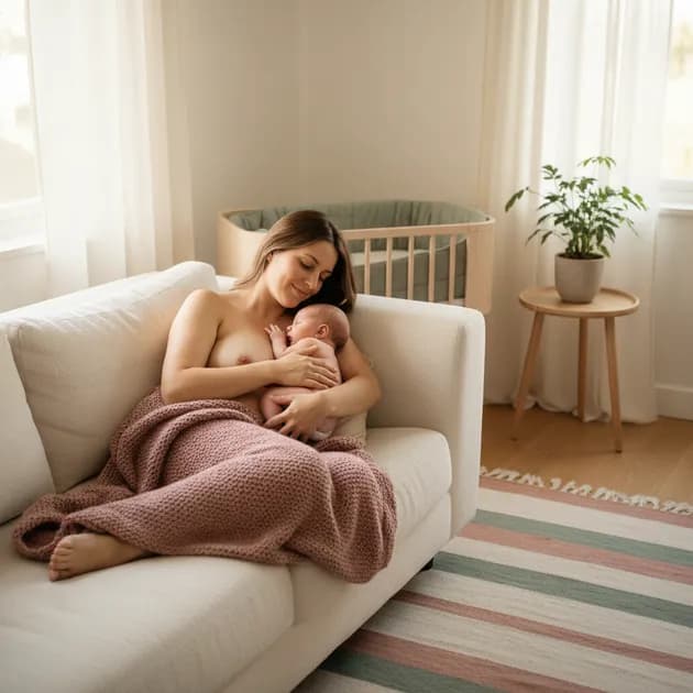 Nyfødt baby som ligger hud-mot-hud på forelderens bryst like etter fødsel