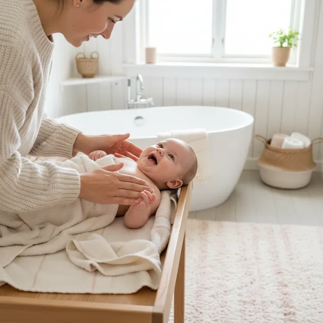 Mor som smører fuktighetskrem på babyens myke hud etter bading