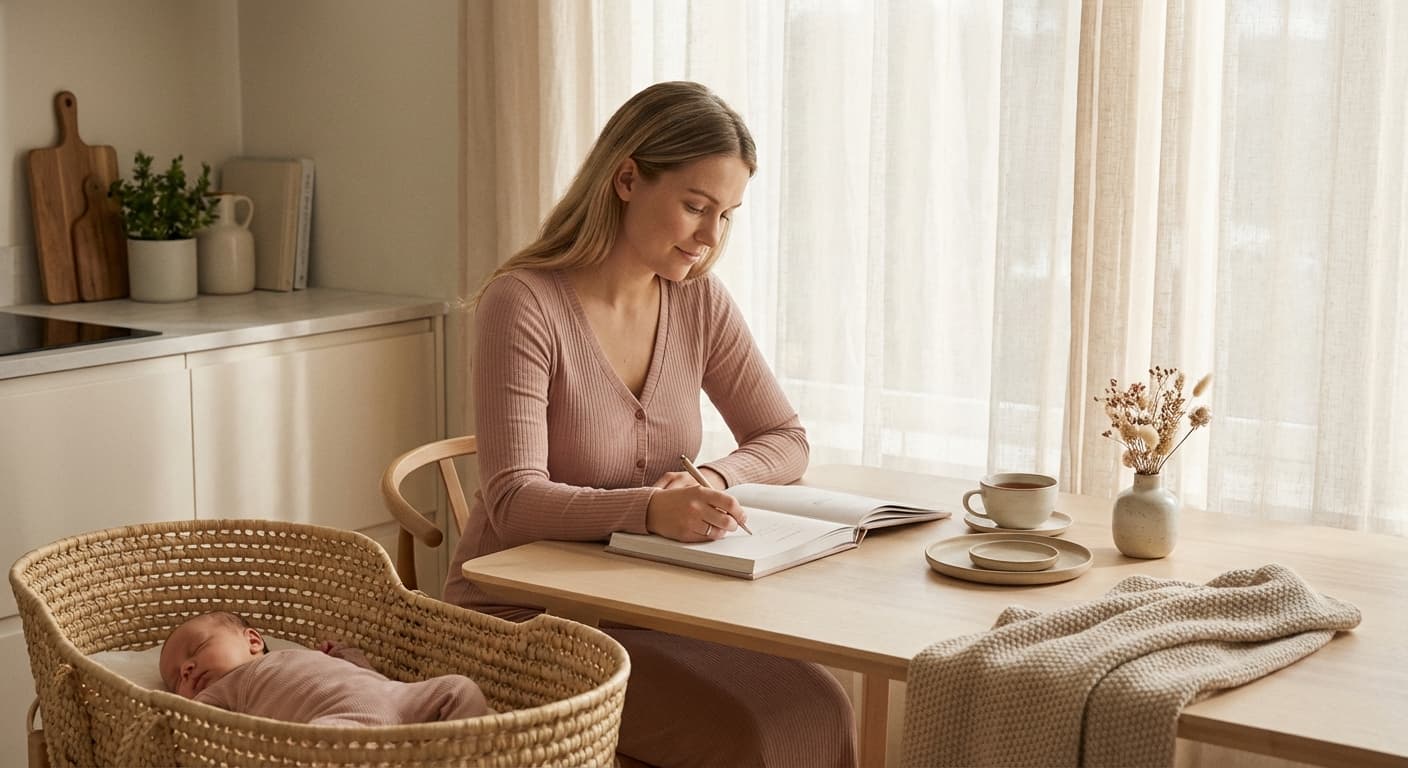 Forelder skriver i babybok ved siden av sovende baby