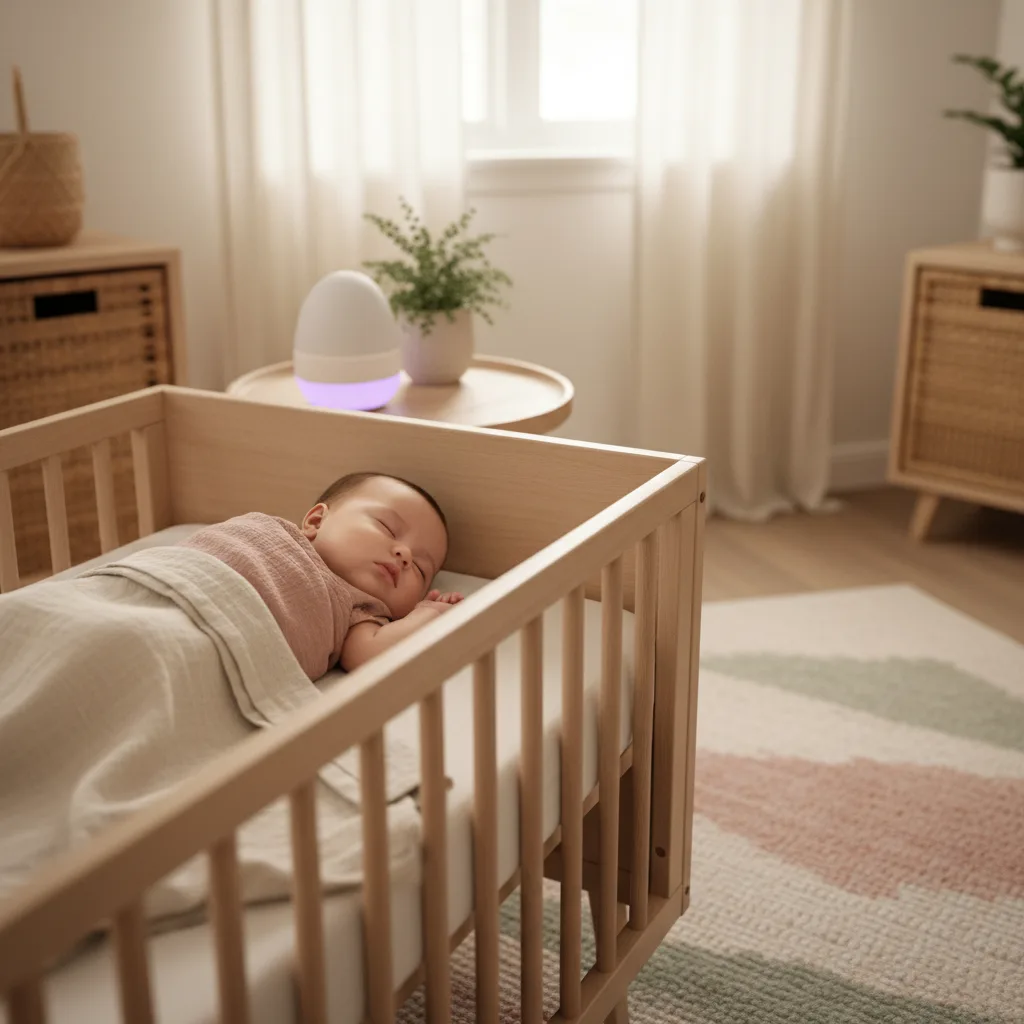 Sovende baby i sprinkelseng med dempet belysning i barnerom