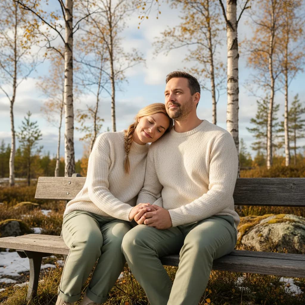 Par som sitter sammen i et lyst nordisk hjem og ser håpefullt fremover
