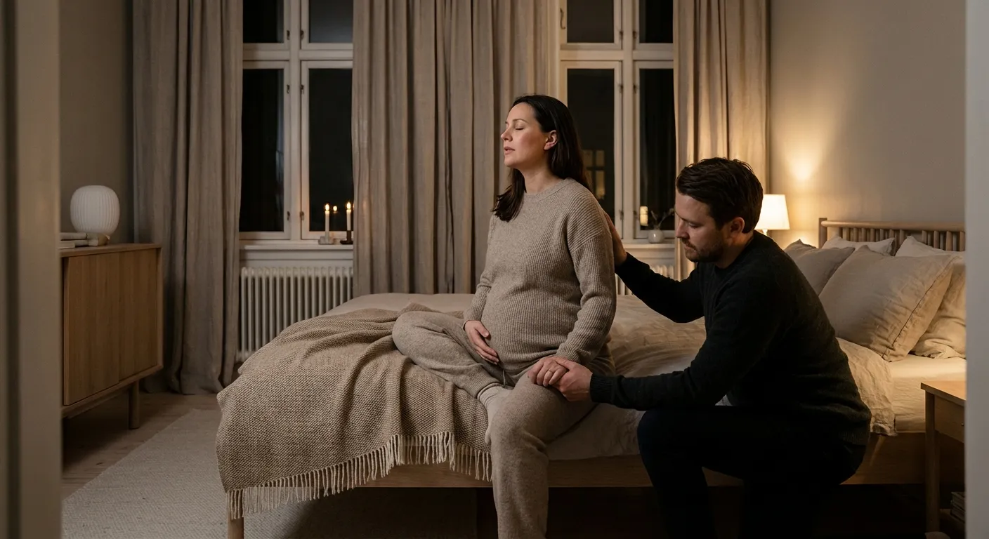Gravid kvinne som holder seg på magen i rolige nordiske omgivelser
