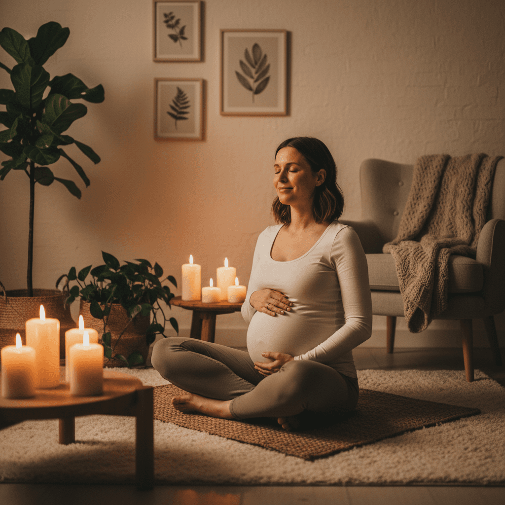 Gravid kvinne som øver på pusteøvelser med lukkede øyne i et rolig skandinavisk rom