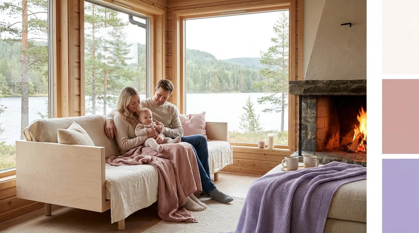 Familie med baby koser seg foran peisen på en norsk hytte