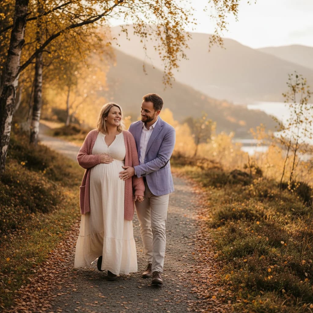 Gravid kvinne på tur i norsk natur med partner