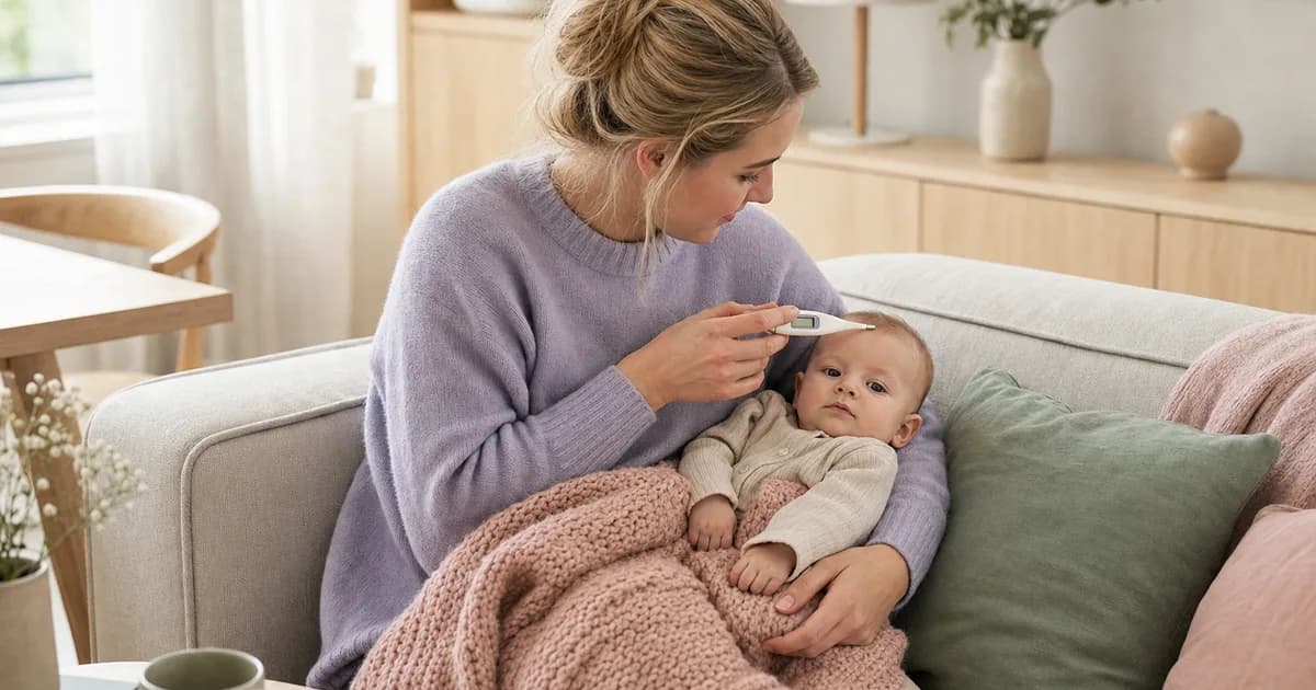 Forelder som måler temperaturen på en baby hjemme i sofaen