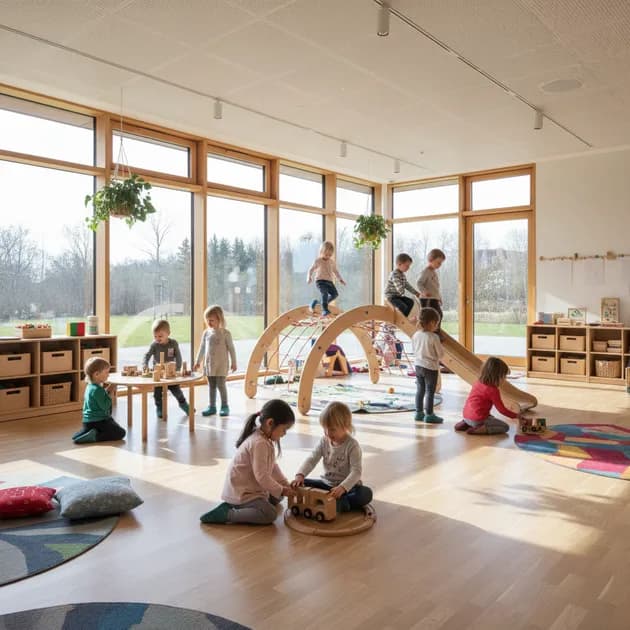 Barn i myke innesko leker på gulvet i barnehagen