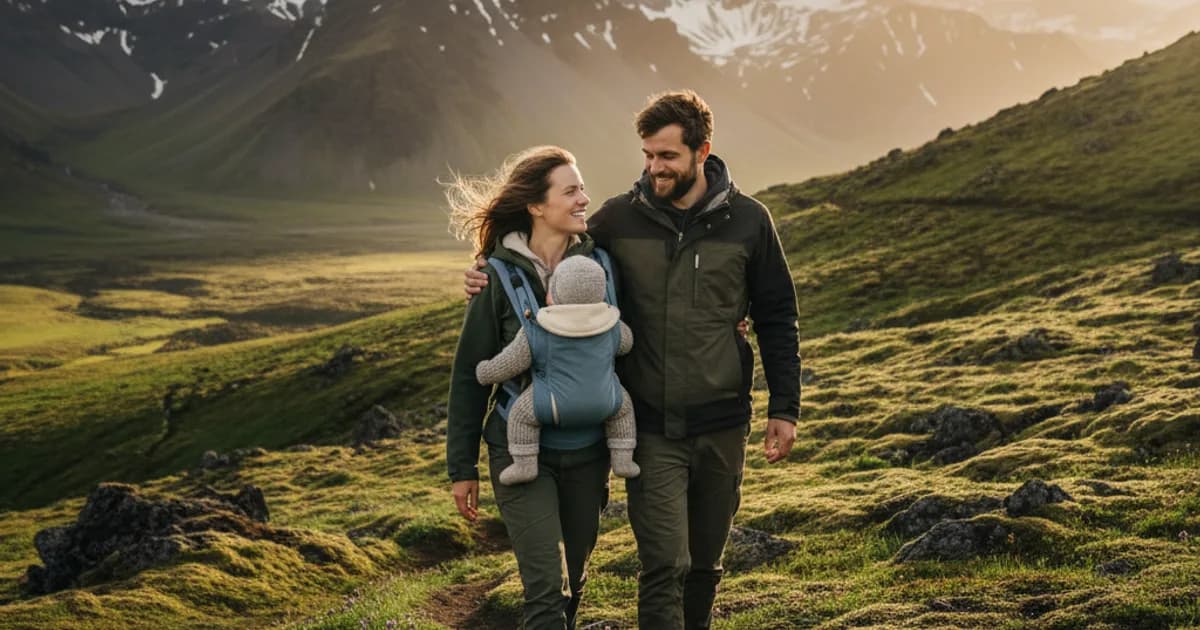 Islandsk familie med baby som går tur i dramatisk islandsk natur med fjell og grønt gress