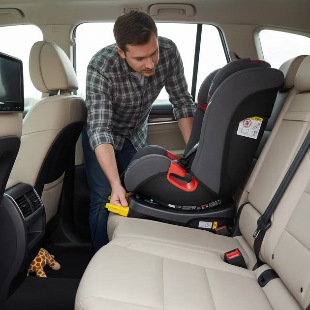 Forelder som monterer bilstol med ISOFIX i bil