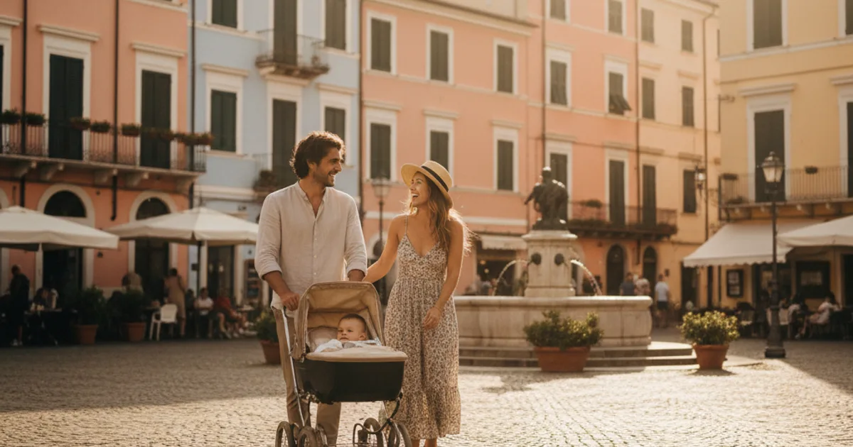 Italiensk familie med baby foran en fargerik bygning i Italia