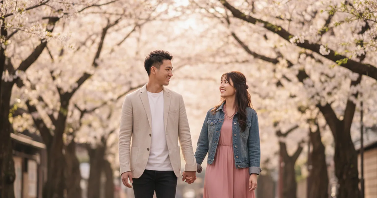 Ungt japansk par som ser på hverandre og smiler på en gate i Tokyo