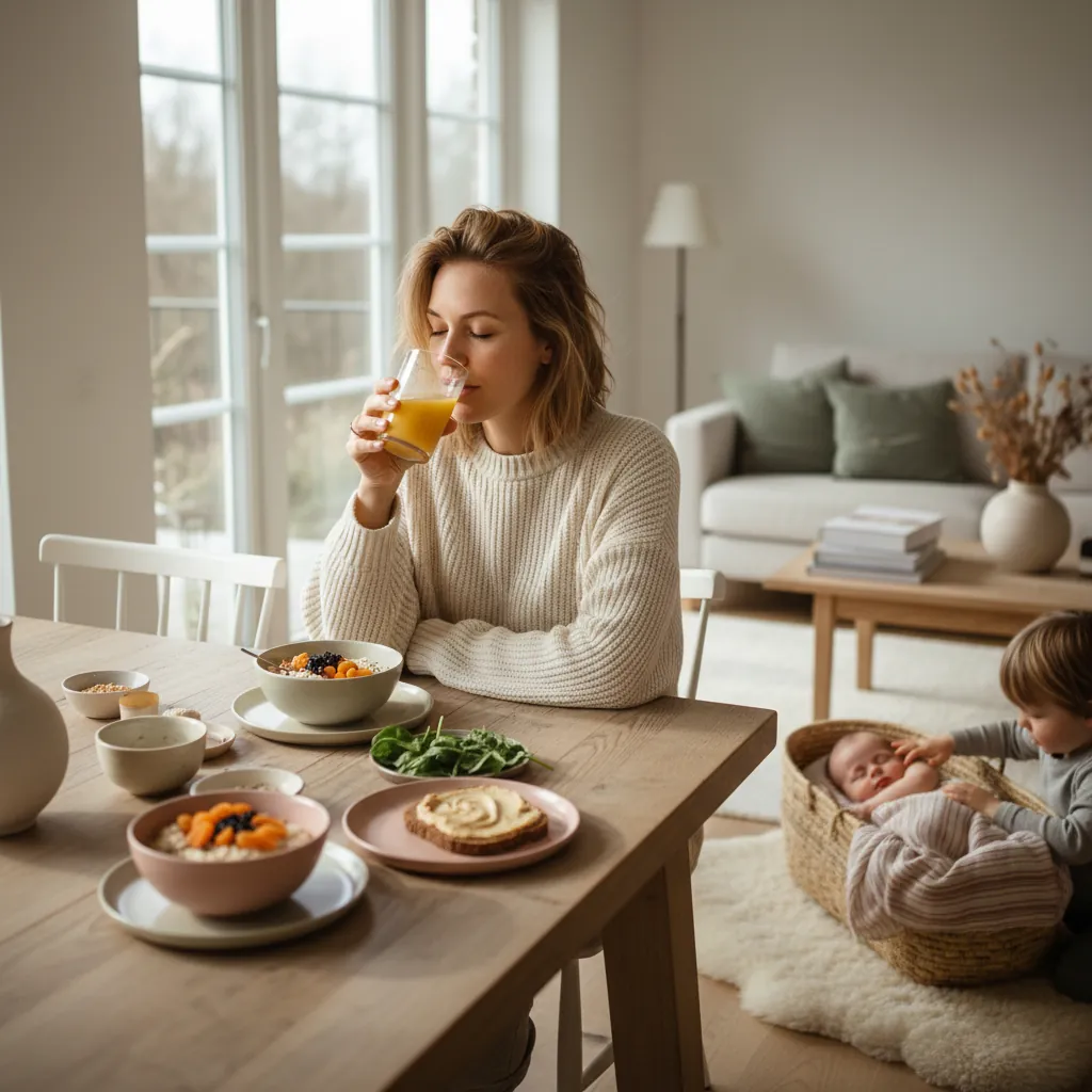 Nybakt mamma som spiser et næringsrikt måltid med baby ved siden av seg