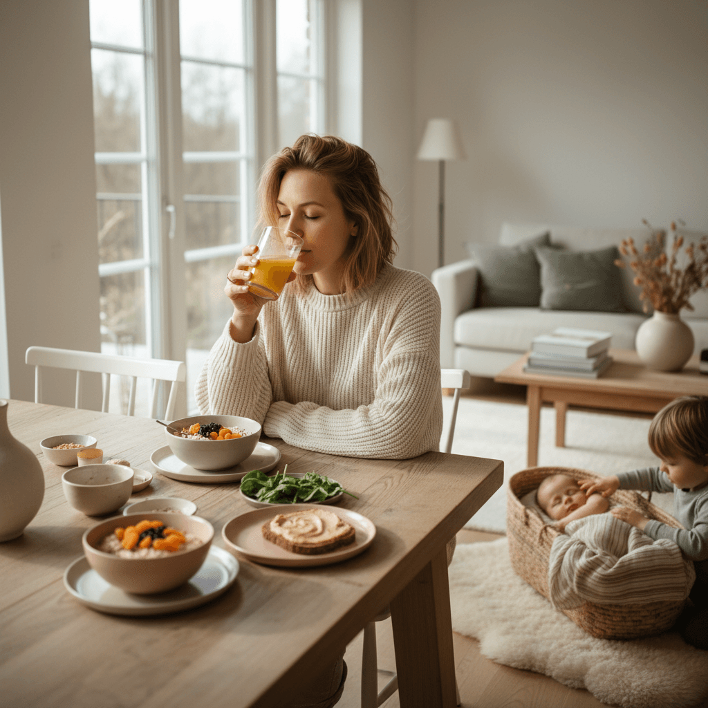 Nybakt mamma som spiser et næringsrikt måltid med baby ved siden av seg