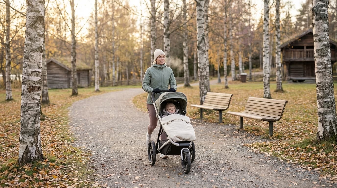 Forelder som jogger med joggevogn i norsk natur