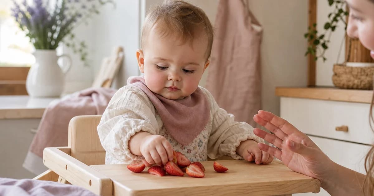 Baby på 7 måneder smaker på halve modne norske jordbær fra trekjøkkenbord i sommerlys