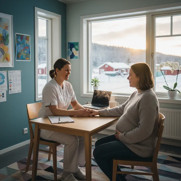 Gravid kvinne i samtale med jordmor på helsestasjon
