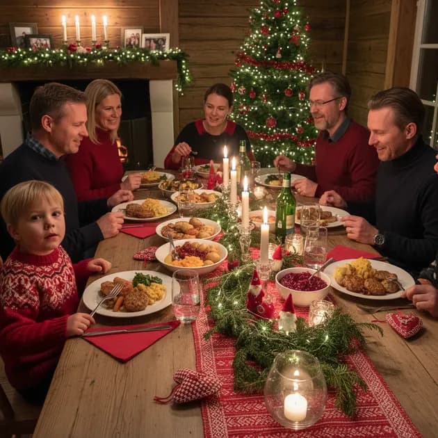 Norsk julemiddag med småbarn ved bordet