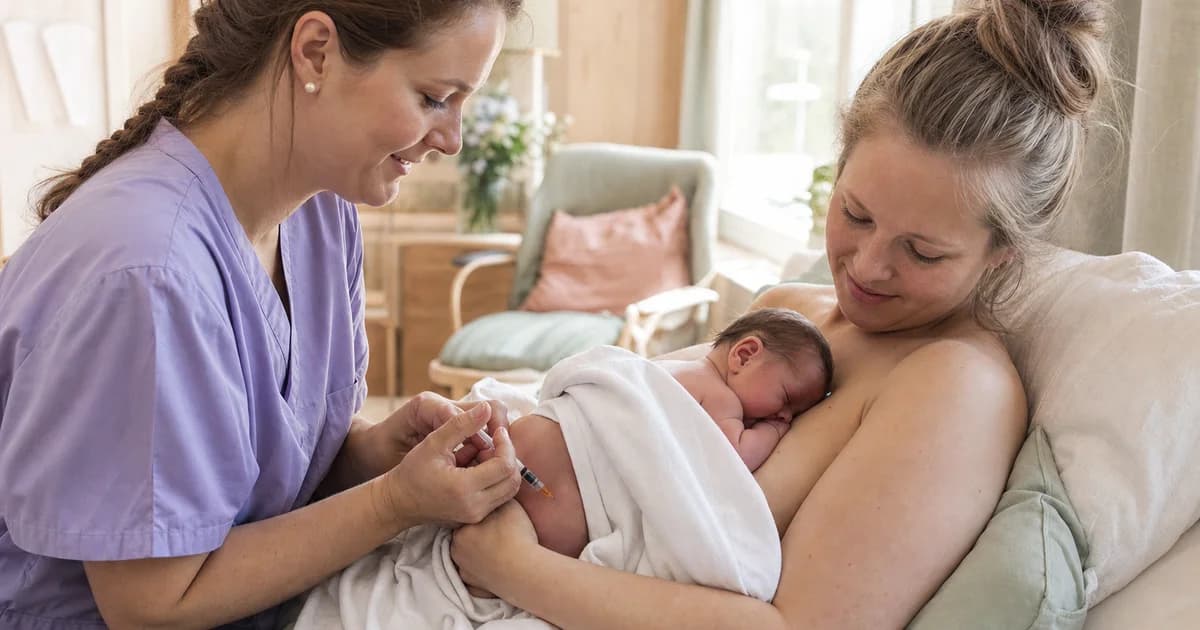 Nyfødt baby som ligger hud-mot-hud med mor på sykehus, lys nordisk barselrom