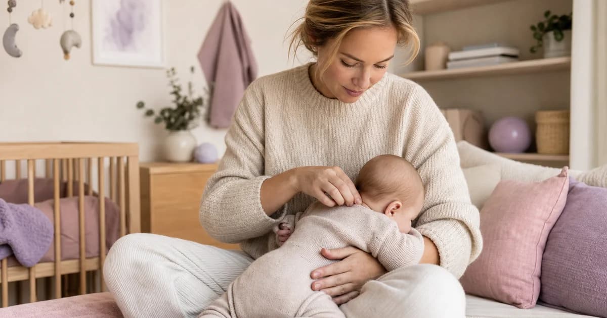 Nyfødt baby som ligger trygt innpakket i en lys ullbody i et rolig hjem