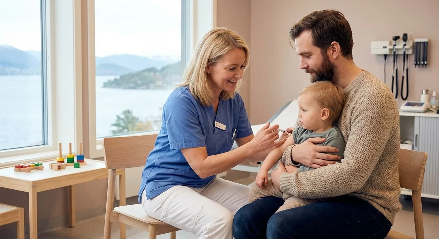 Forelder som trøster et hostende barn i et varmt skandinavisk hjem