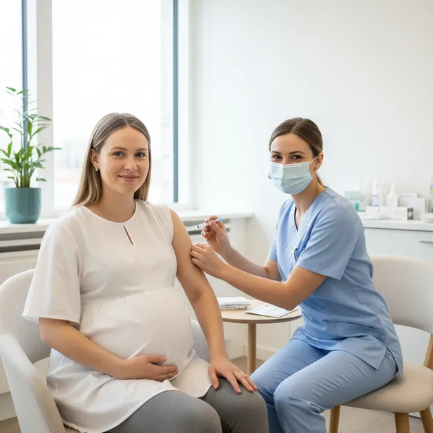 Gravid kvinne som får vaksine av jordmor på svangerskapskontroll