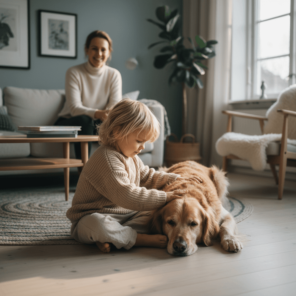 Småbarn som sitter trygt ved siden av en rolig familiehund med forelder i nærheten