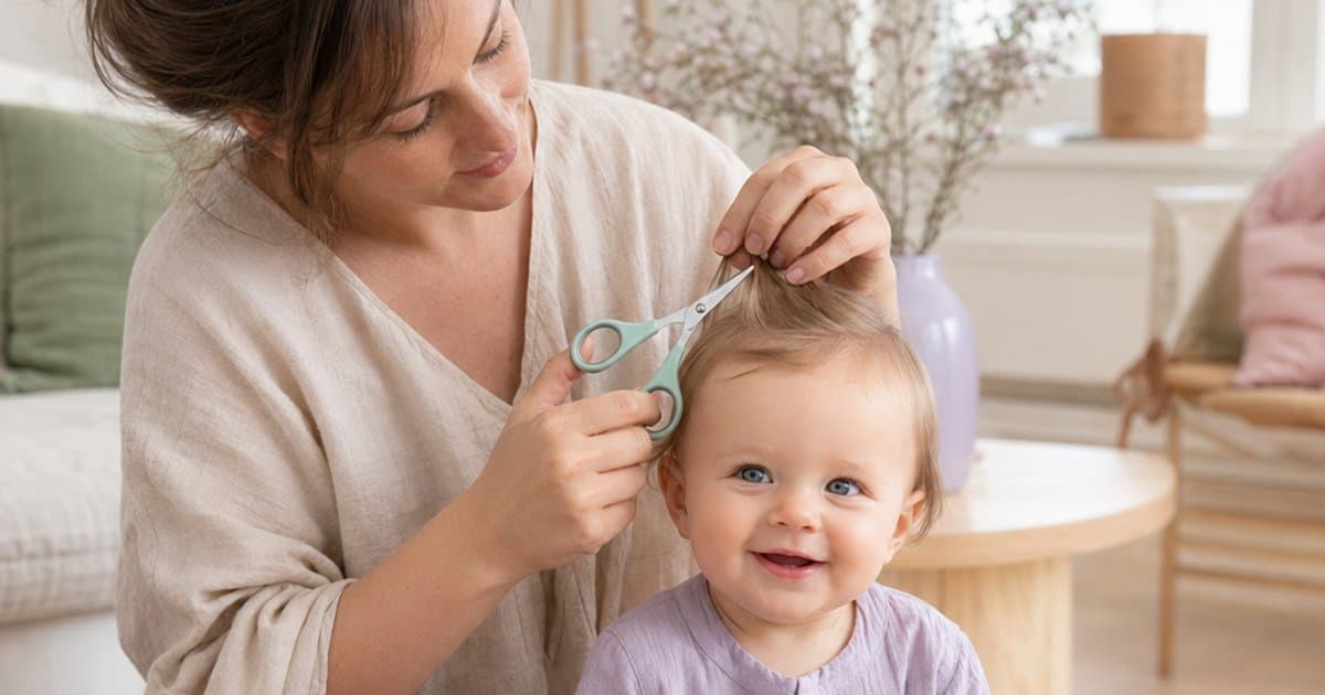 Forelder klipper forsiktig en lyslokk hos en smilende baby som sitter på fanget hjemme