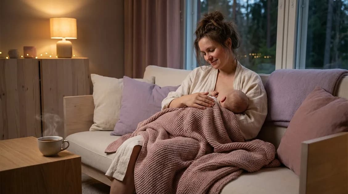 Mamma som ammer babyen sin i sofaen på kvelden i dempet belysning