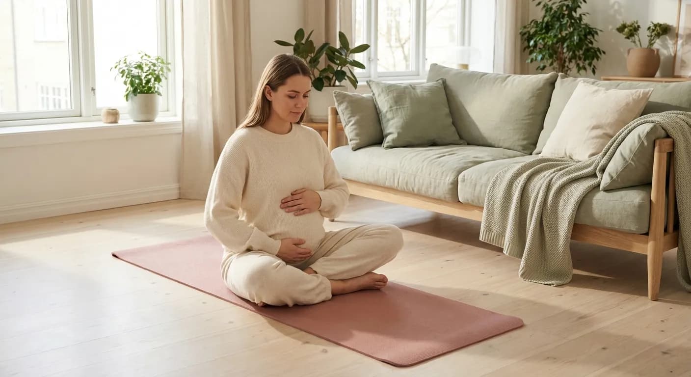 Gravid kvinne som gjør bekkenbunnstrening hjemme i lyst skandinavisk rom
