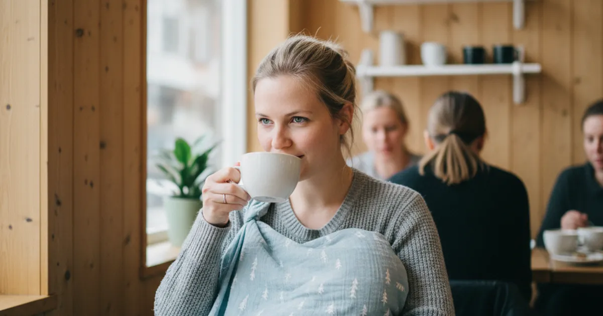 Ammende mor som holder en kopp kaffe i et lyst nordisk hjem