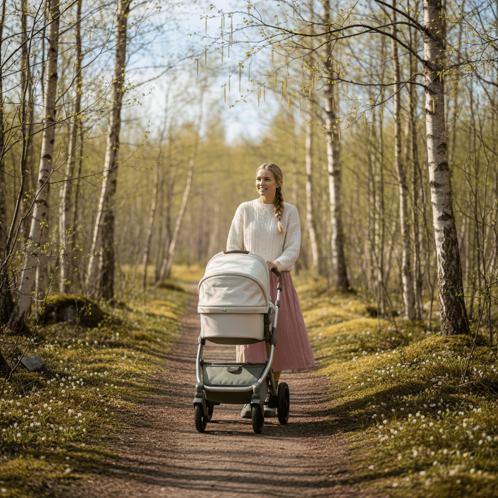 Kvinne som går tur med barnevogn i norsk natur