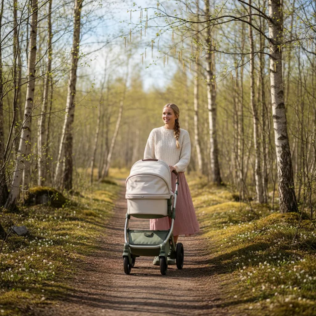 Kvinne som går tur med barnevogn i norsk natur