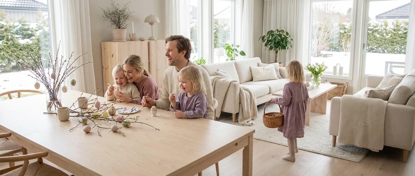 Familie med småbarn feirer påske med eggjakt i hagen