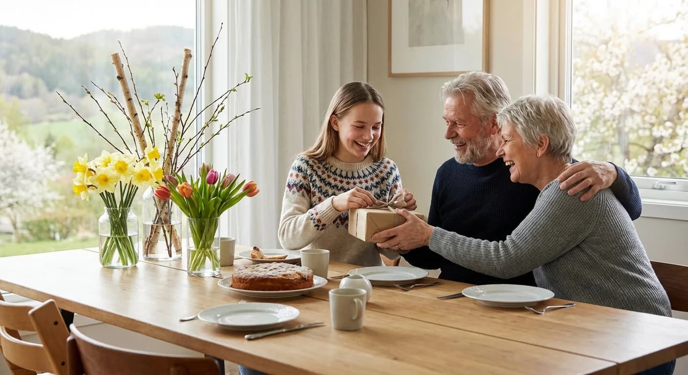 Konfirmant som åpner gaver på konfirmasjonsdagen sin med familie rundt seg