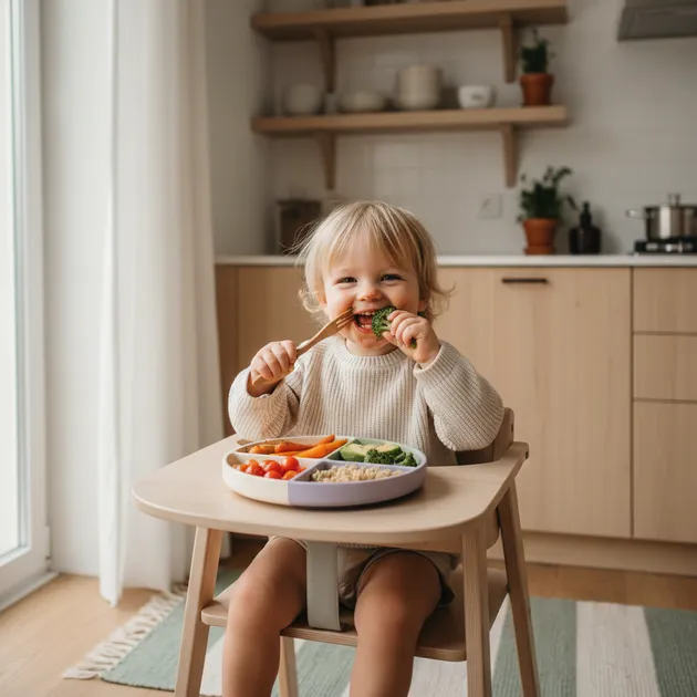 Småbarn som spiser fargerik middag ved familiens spisebord