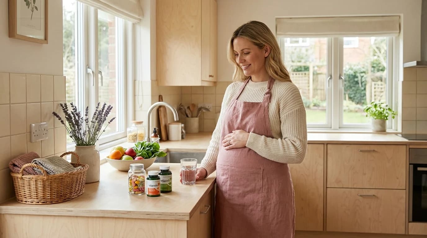 Gravid kvinne med et glass vann og kosttilskudd på kjøkkenbenken