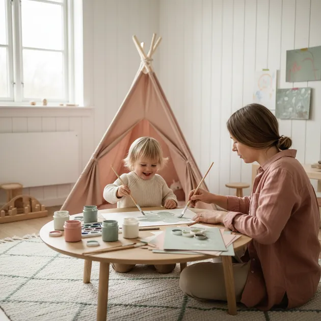 Småbarn som maler og leker kreativt hjemme