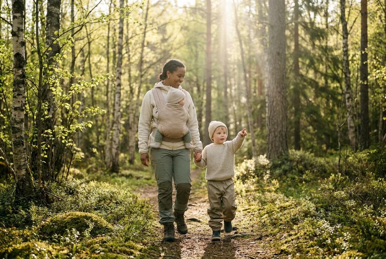 Familie med baby på tur i norsk skog i mai, naturlig vårlys