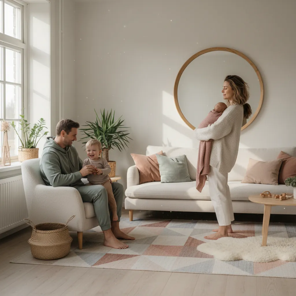 Nybakt mamma som ser seg i speilet med baby på armen i et varmt hjem