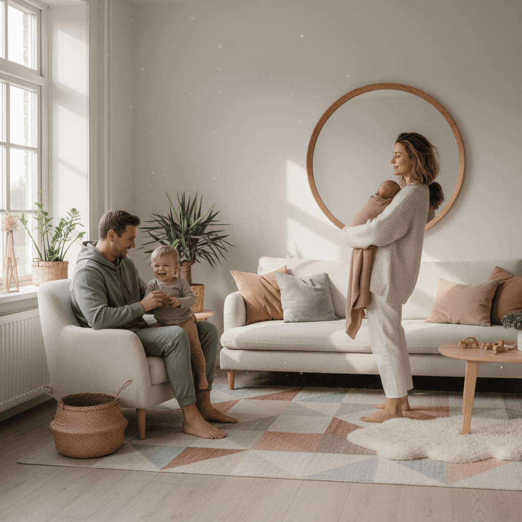 Nybakt mamma som ser seg i speilet med baby på armen i et varmt hjem