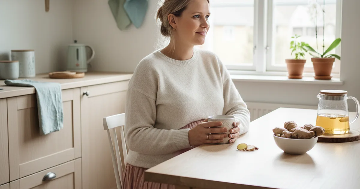 Gravid kvinne med en kopp ingefærte