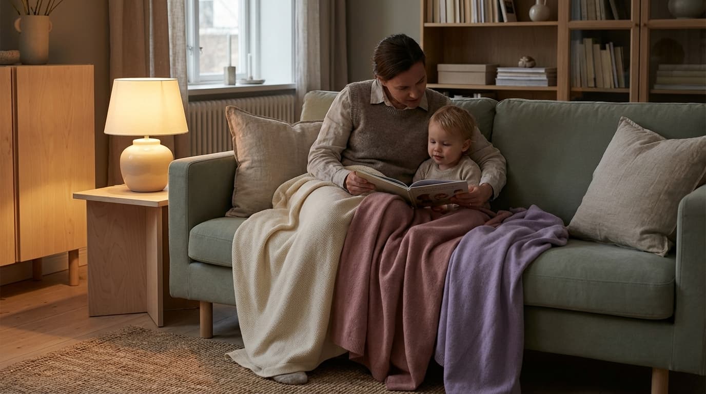 Forelder som leser bok for småbarn i en koselig sofa med dempet belysning
