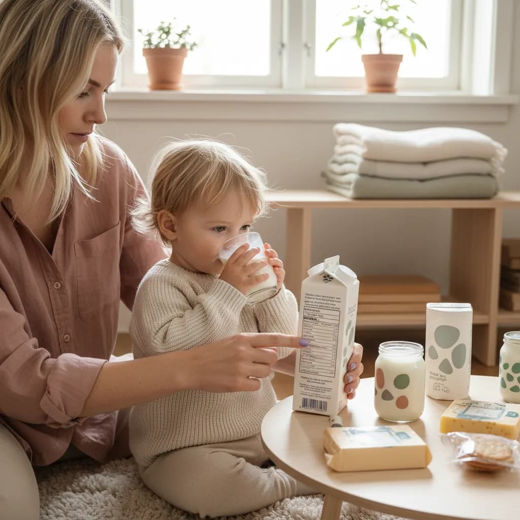 Barn som drikker melk i et lyst skandinavisk kjøkken med forelder i bakgrunnen