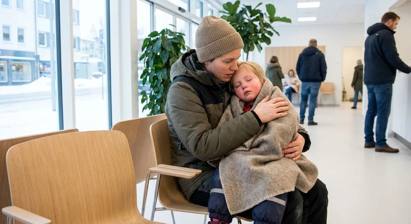 Bekymret forelder som holder et sykt barn i armene i et varmt hjem