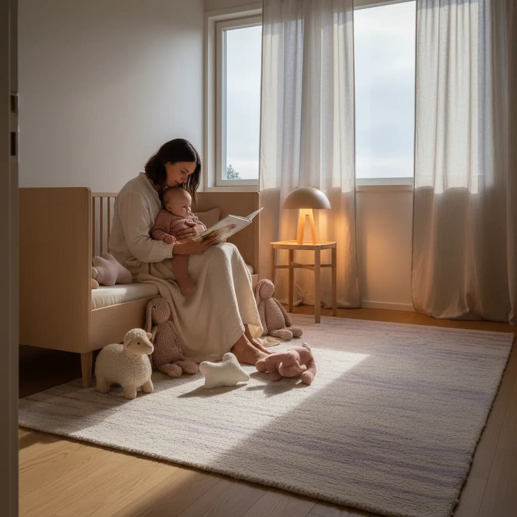 Forelder leser godnattsbok for baby i dempet belysning i et koselig soverom